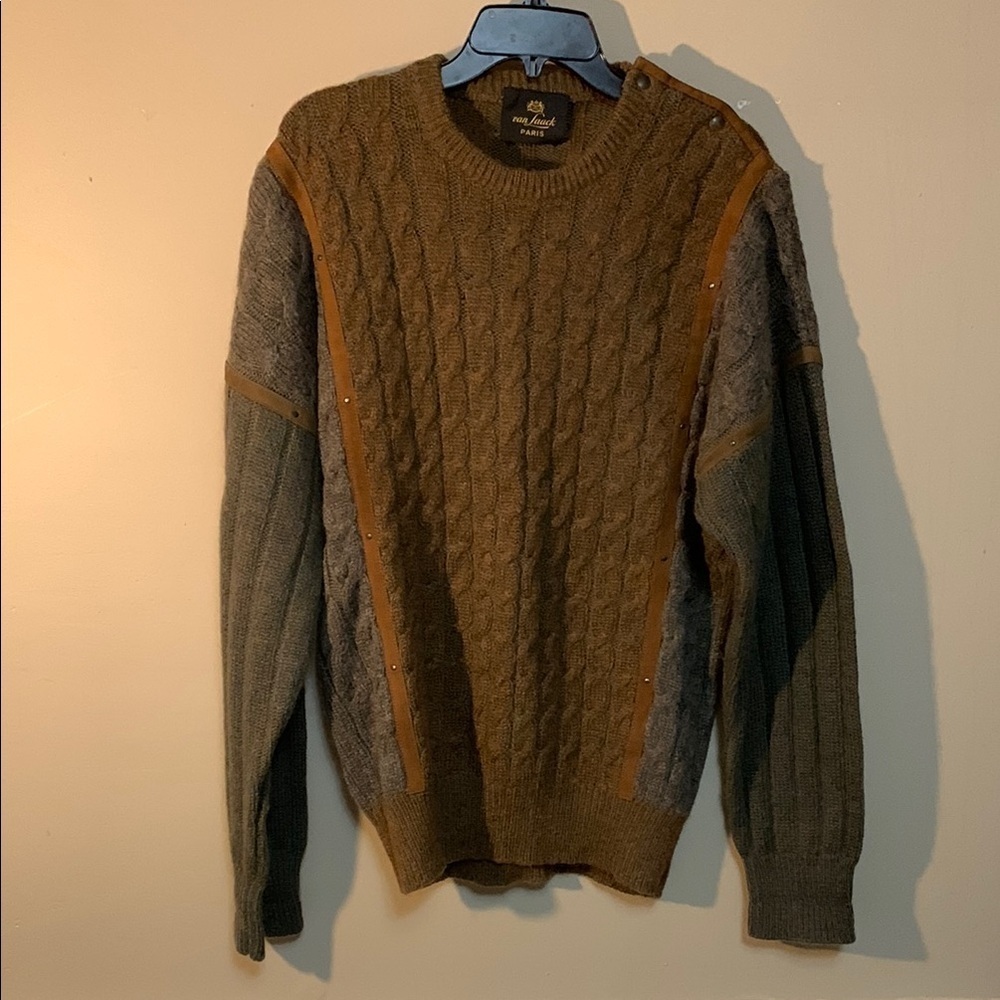 Van Laack Paris Men's Wool Mohair Blend Cable Knit Olive Green  Brown Sweater